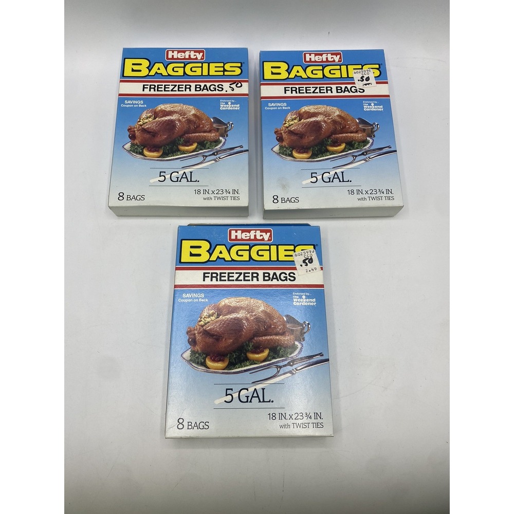 Vintage Hefty Baggies 5 Gal Freezer Bags 3pk 8ct‎ 18x23.75 1988 F3-3208N USA